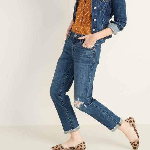 Mid-Rise Boyfriend Straight Distressed Jeans (size 0) - Picture 1 of 11